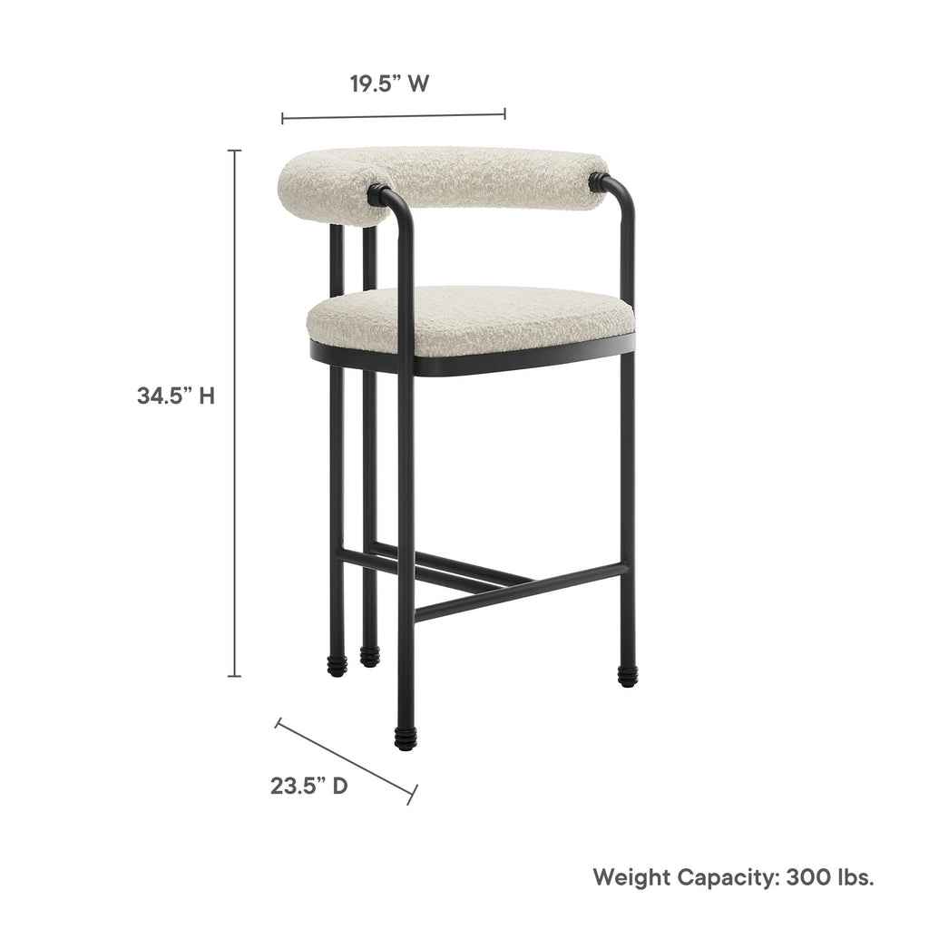 Turin Curved Back Boucle and Metal Counter Stool - Black Pearl