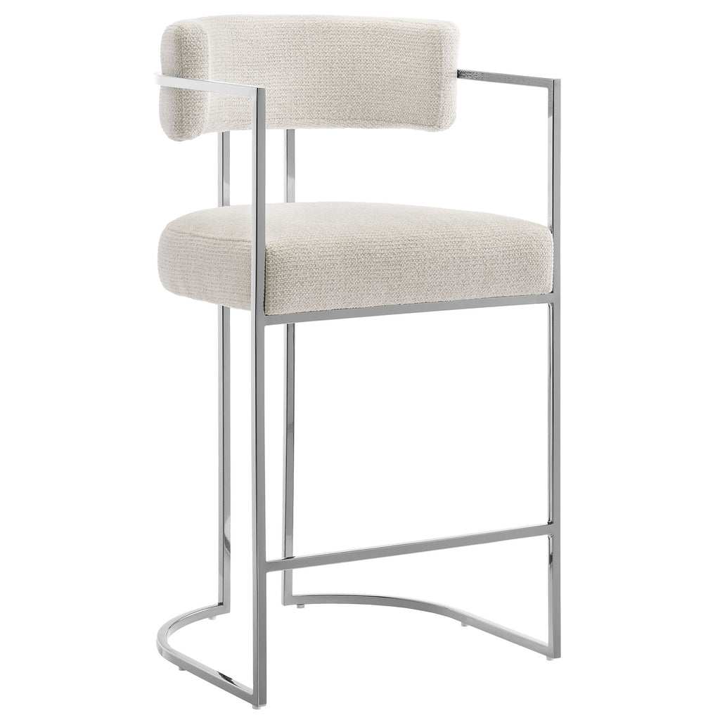 Huron Curved Back Fabric and Metal Counter Stool - Silver Cream