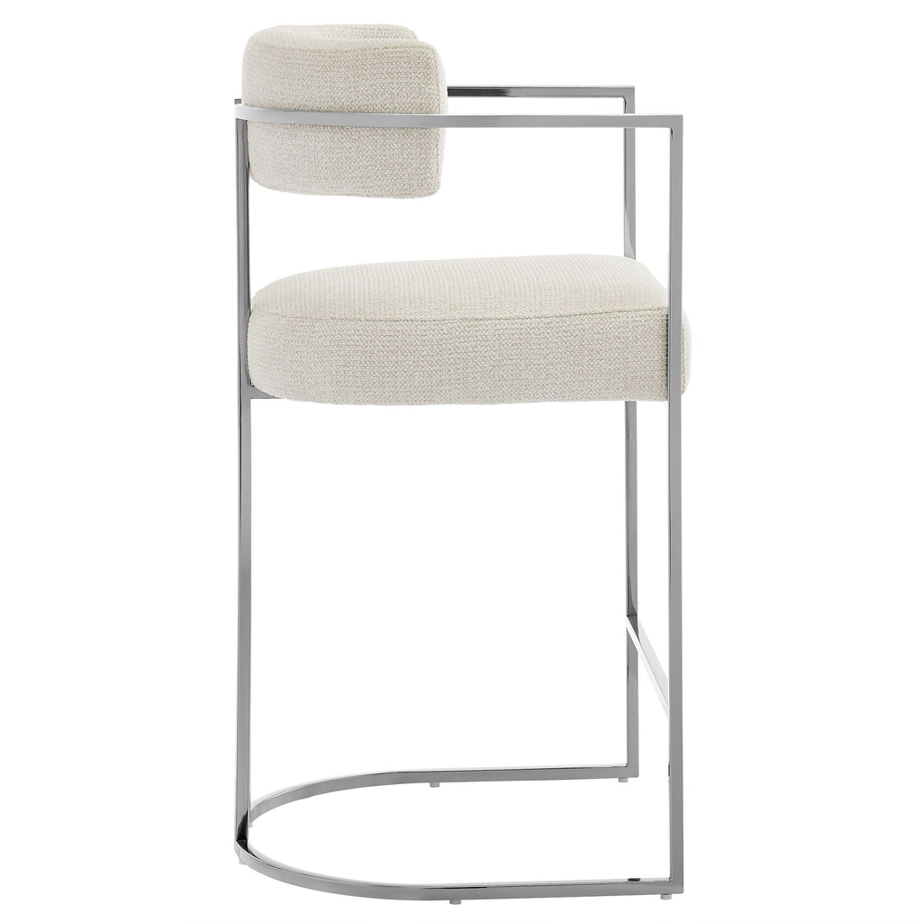Huron Curved Back Fabric and Metal Counter Stool - Silver Cream