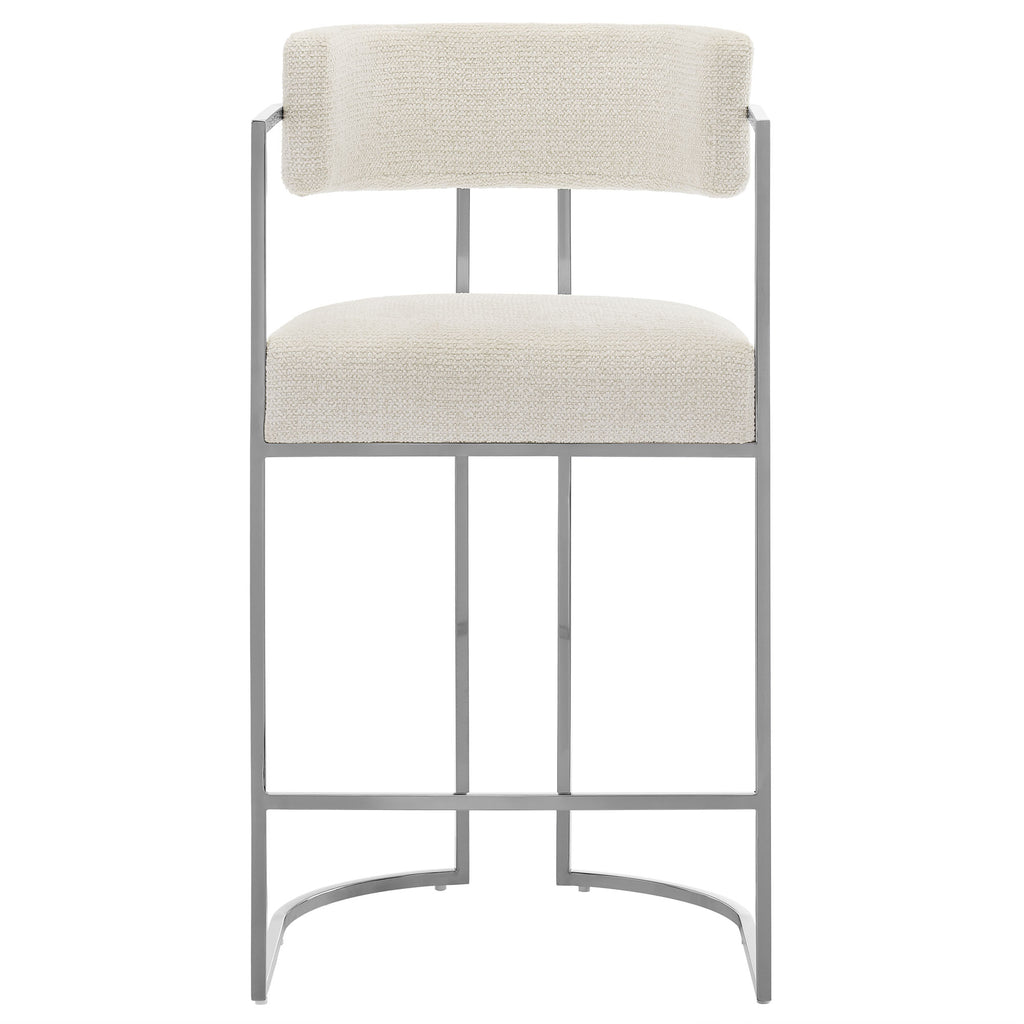 Huron Curved Back Fabric and Metal Counter Stool - Silver Cream