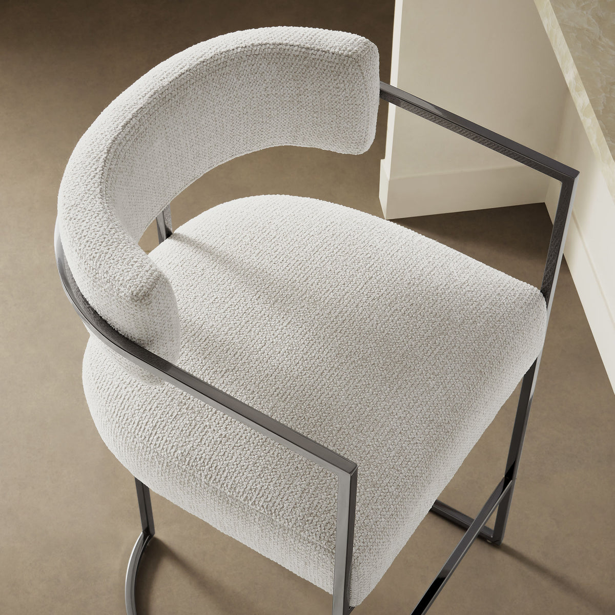 Huron Curved Back Fabric and Metal Counter Stool - Silver Cream