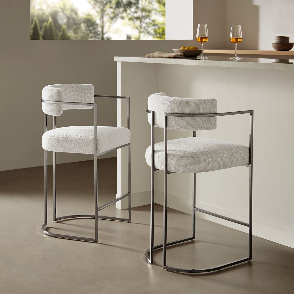 Huron Curved Back Fabric and Metal Counter Stool - Silver Cream
