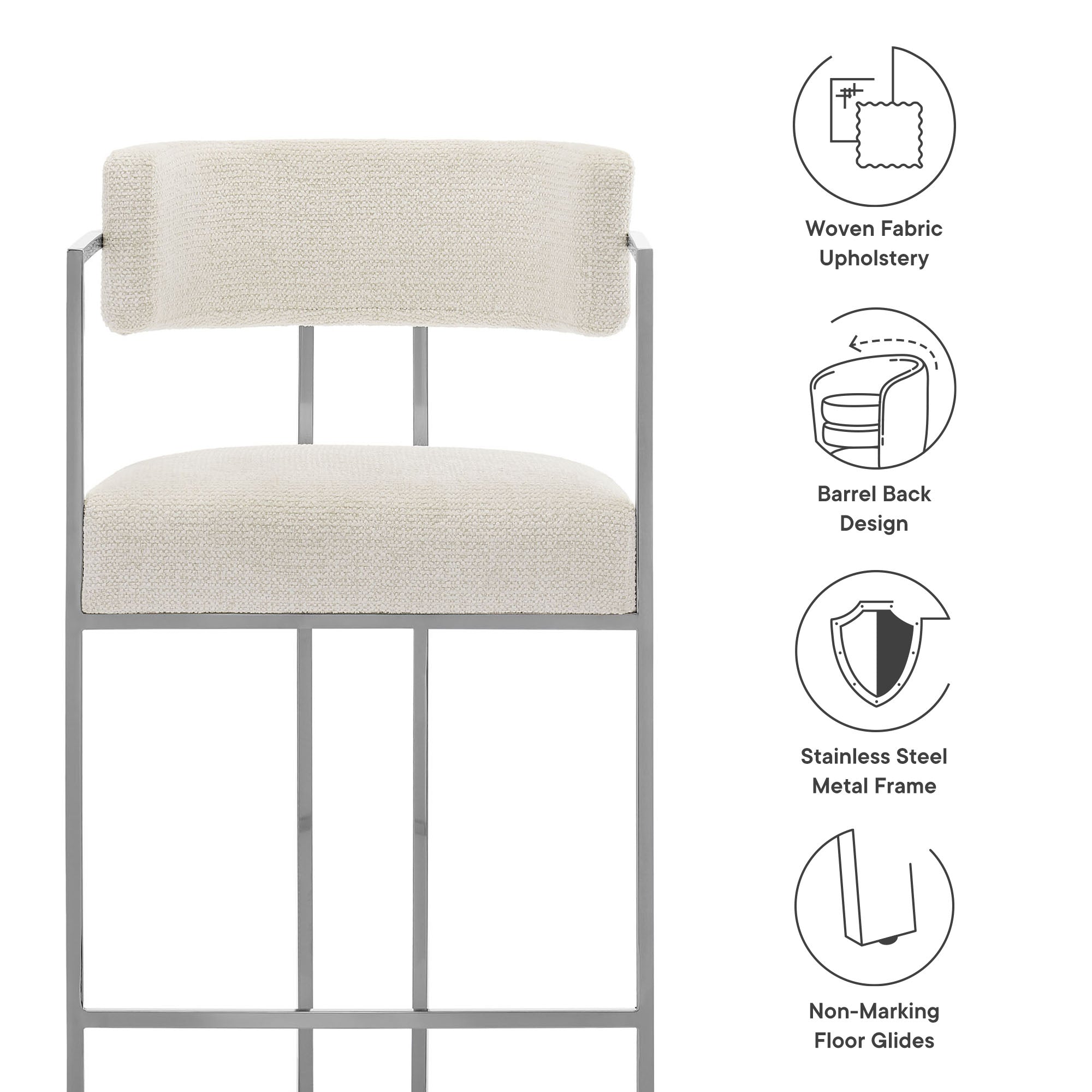 Huron Curved Back Fabric and Metal Counter Stool - Silver Cream