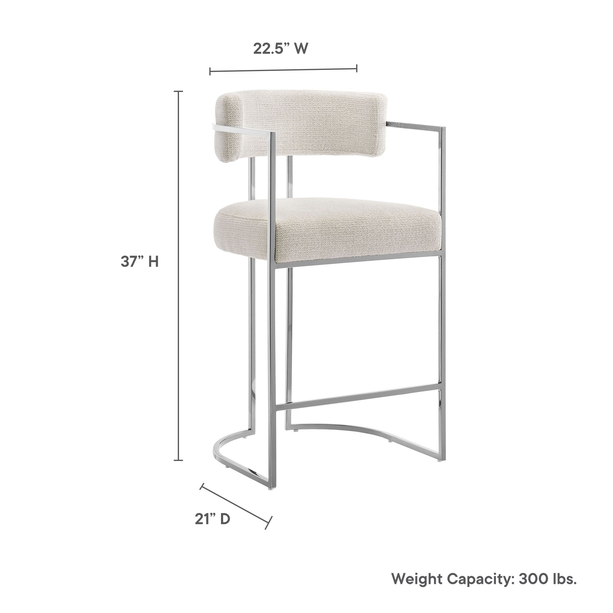 Huron Curved Back Fabric and Metal Counter Stool - Silver Cream