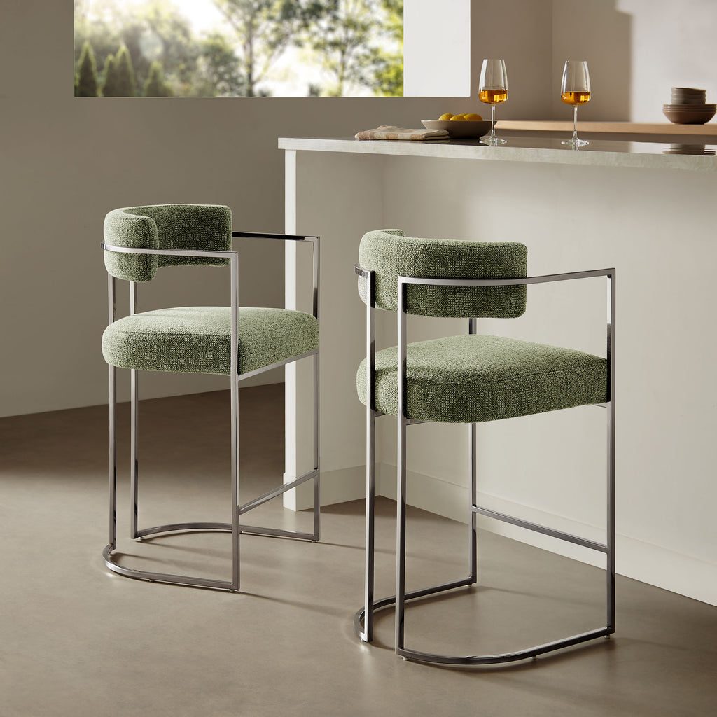 Huron Curved Back Fabric and Metal Counter Stool - Silver Leaf