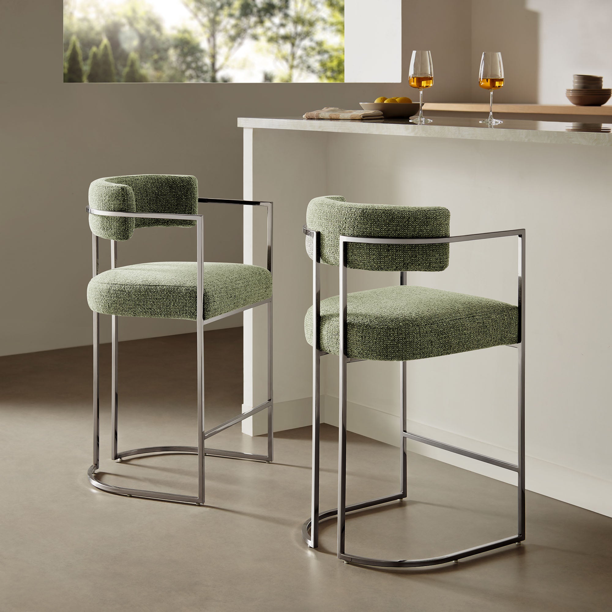 Huron Curved Back Fabric and Metal Counter Stool - Silver Leaf