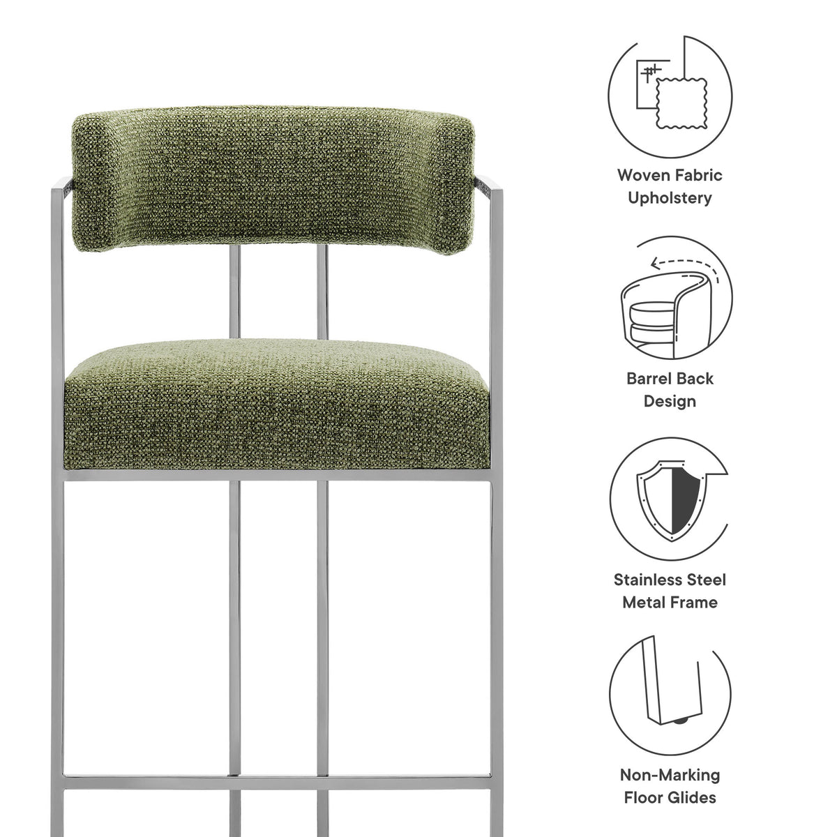 Huron Curved Back Fabric and Metal Counter Stool - Silver Leaf