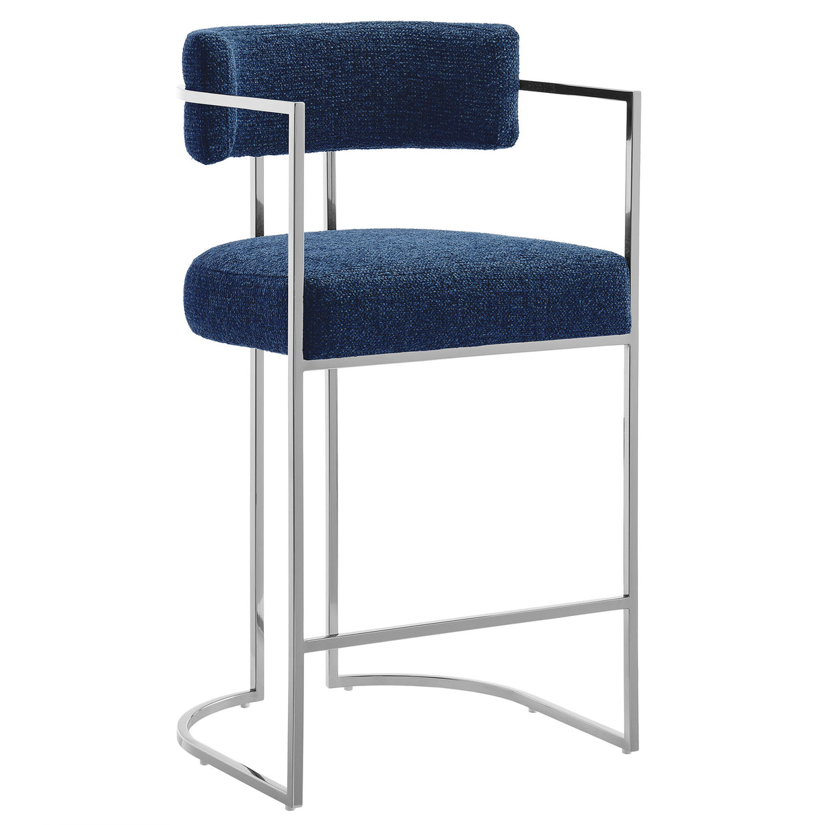 Huron Curved Back Fabric and Metal Counter Stool - Silver Navy