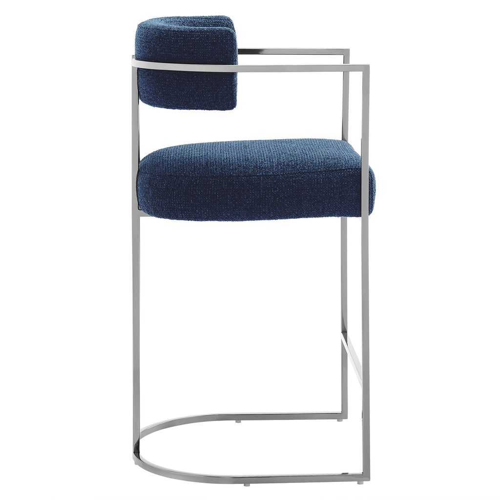 Huron Curved Back Fabric and Metal Counter Stool - Silver Navy
