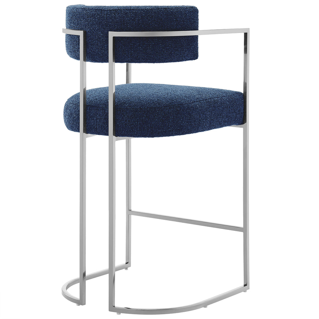 Huron Curved Back Fabric and Metal Counter Stool - Silver Navy