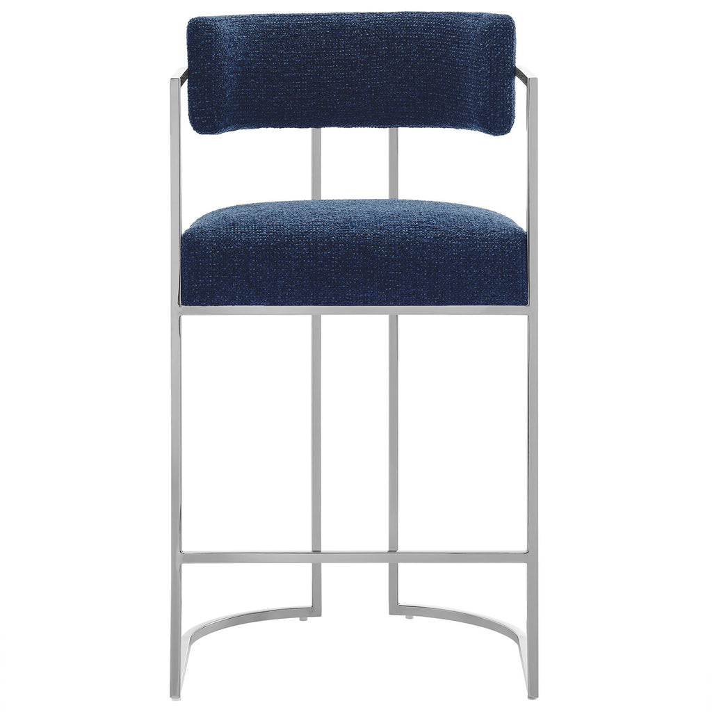 Huron Curved Back Fabric and Metal Counter Stool - Silver Navy