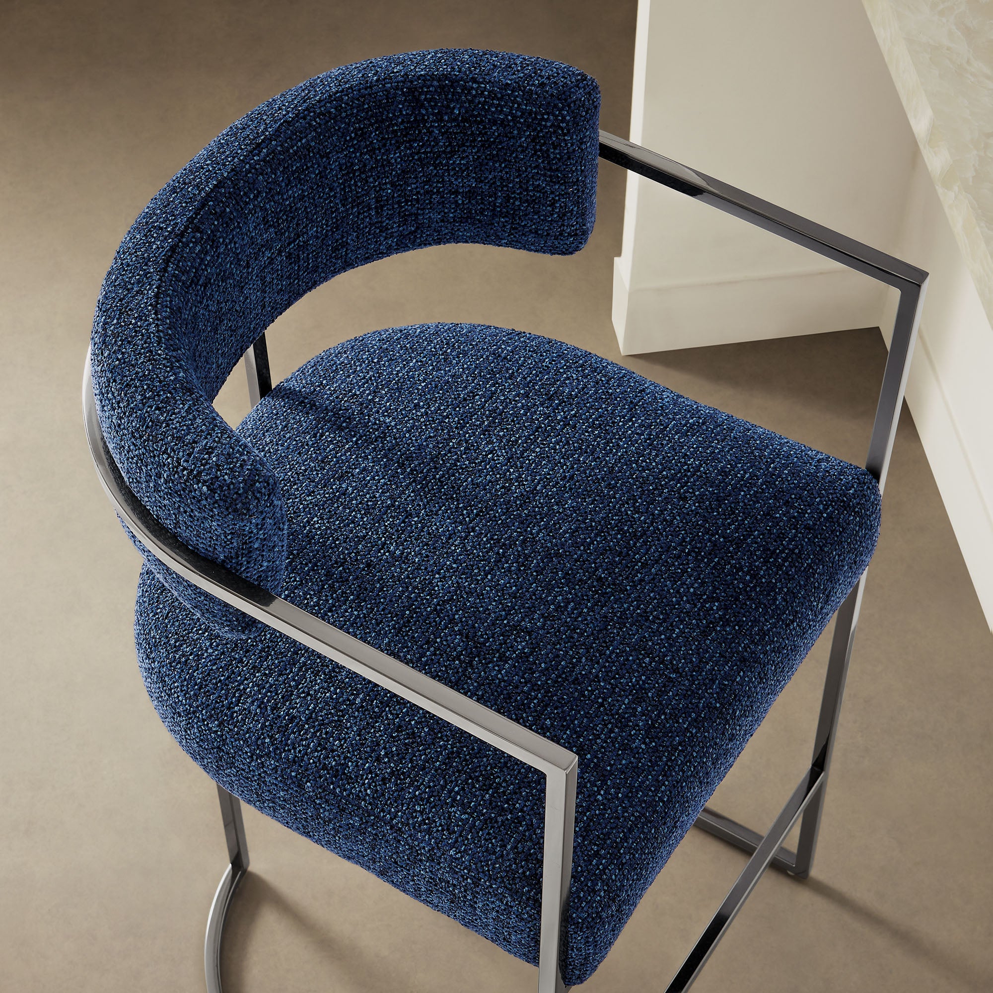 Huron Curved Back Fabric and Metal Counter Stool - Silver Navy