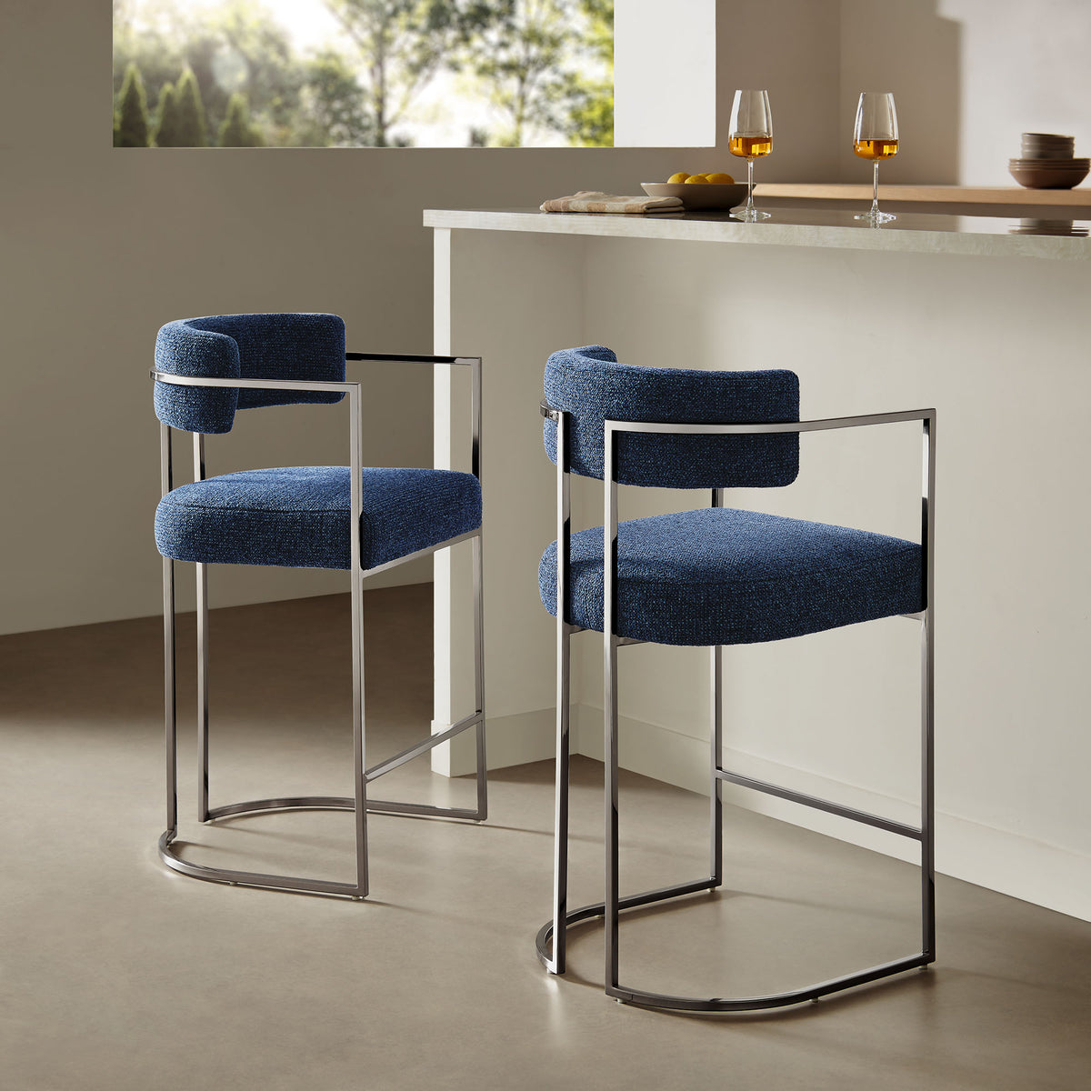 Huron Curved Back Fabric and Metal Counter Stool - Silver Navy