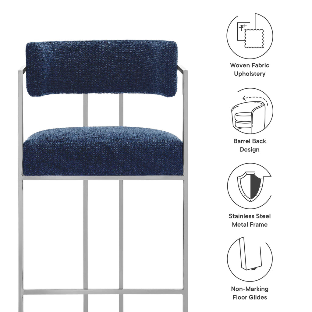 Huron Curved Back Fabric and Metal Counter Stool - Silver Navy