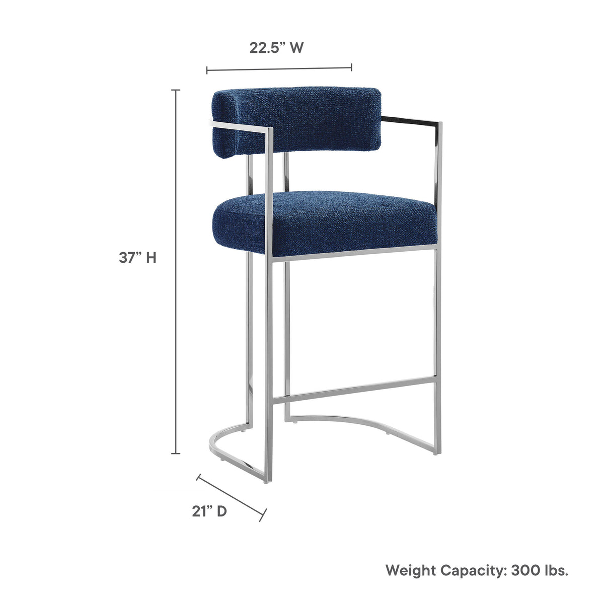 Huron Curved Back Fabric and Metal Counter Stool - Silver Navy