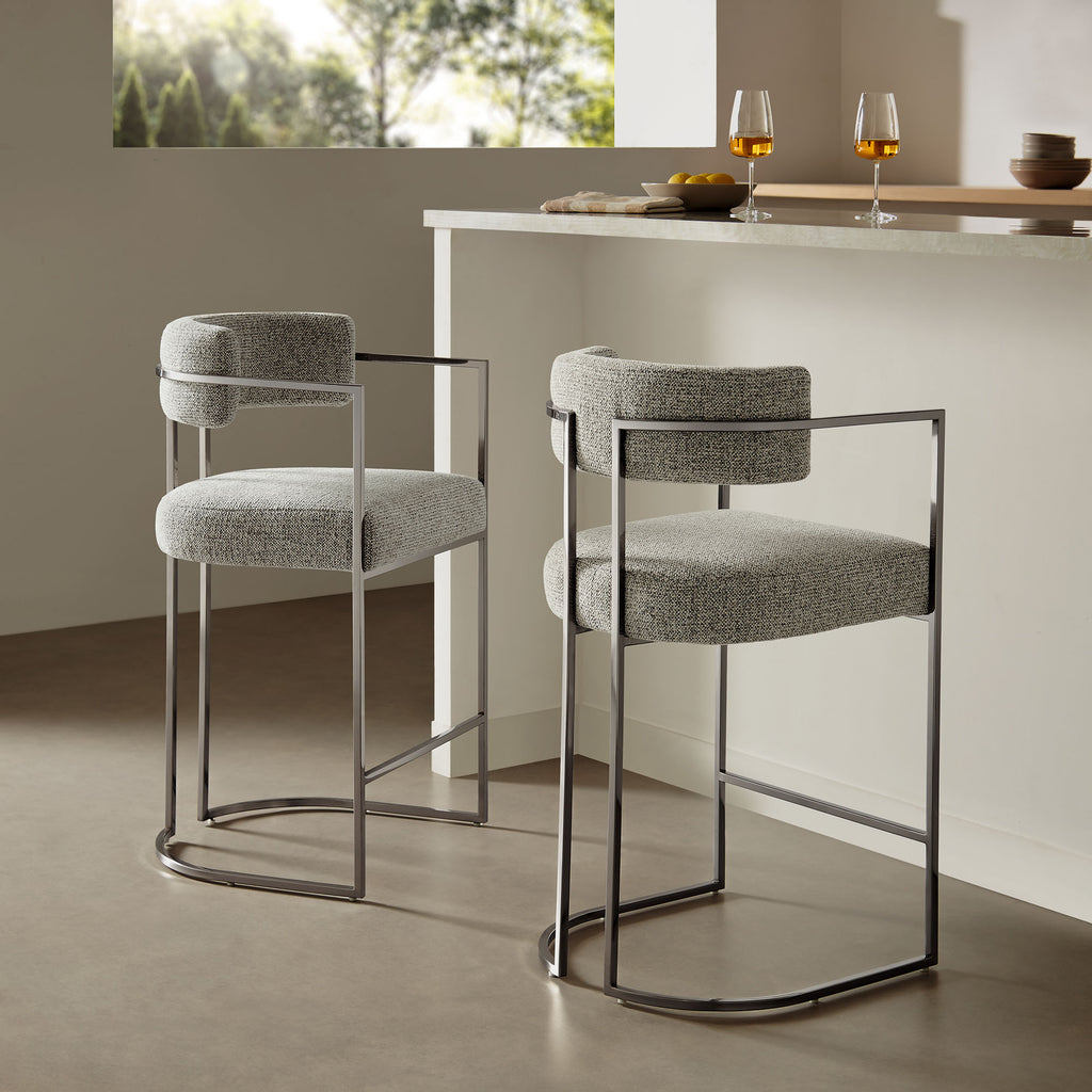 Huron Curved Back Fabric and Metal Counter Stool - Silver Wheat
