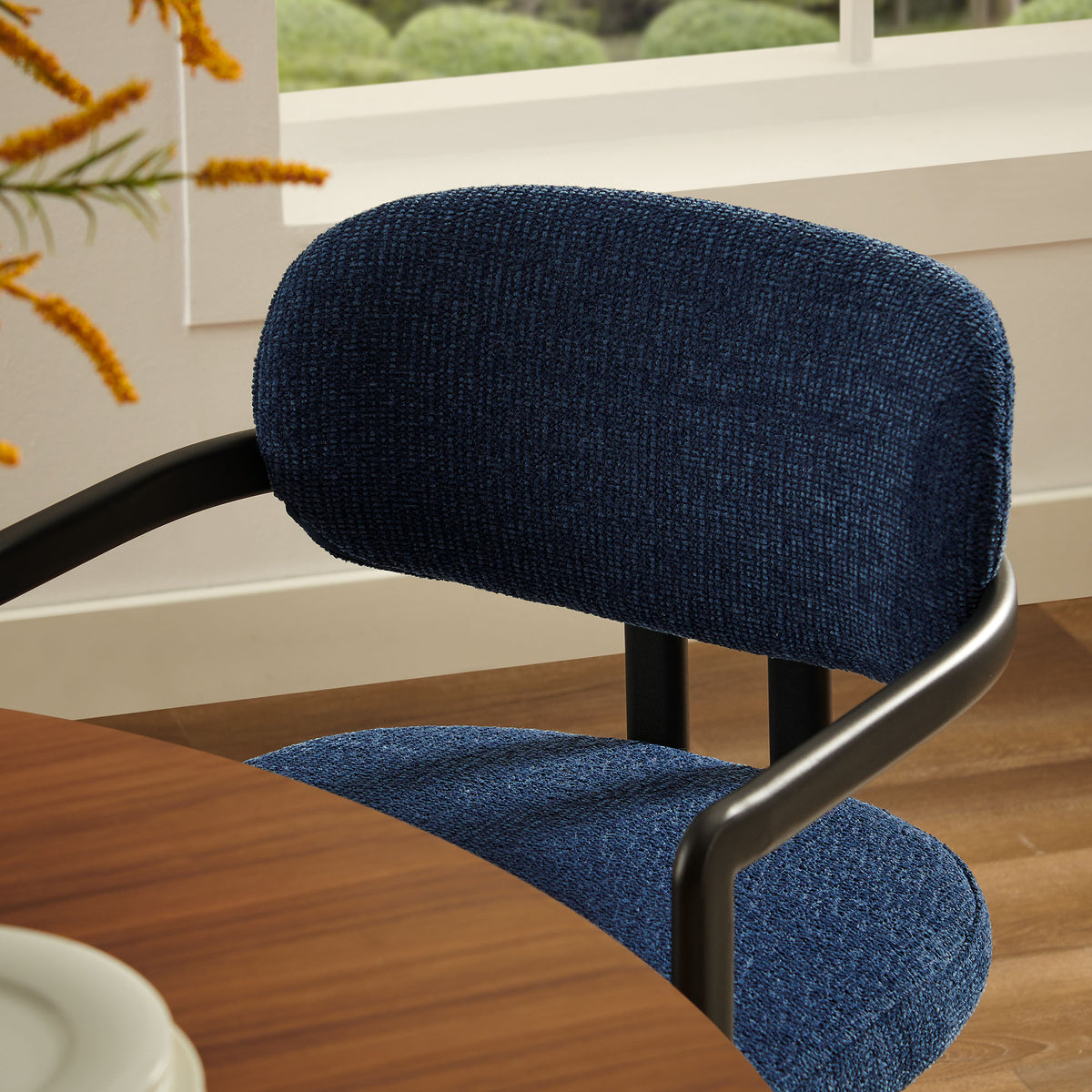 Elio Barrel Fabric and Metal Dining Chair - Black Navy