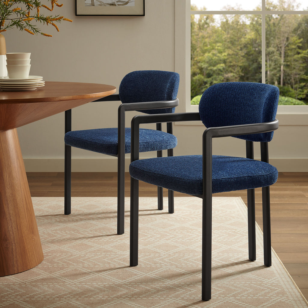 Elio Barrel Fabric and Metal Dining Chair - Black Navy