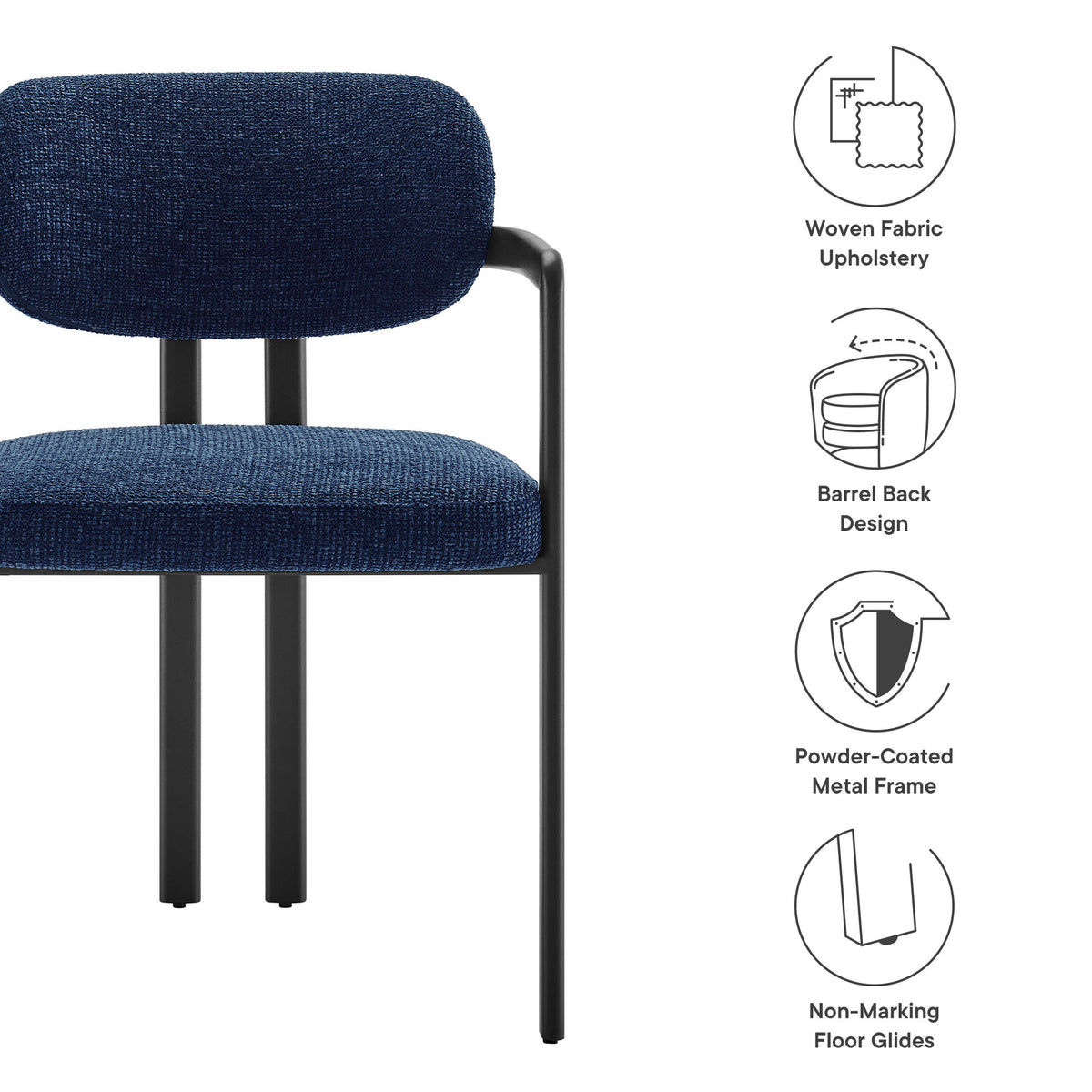 Elio Barrel Fabric and Metal Dining Chair - Black Navy
