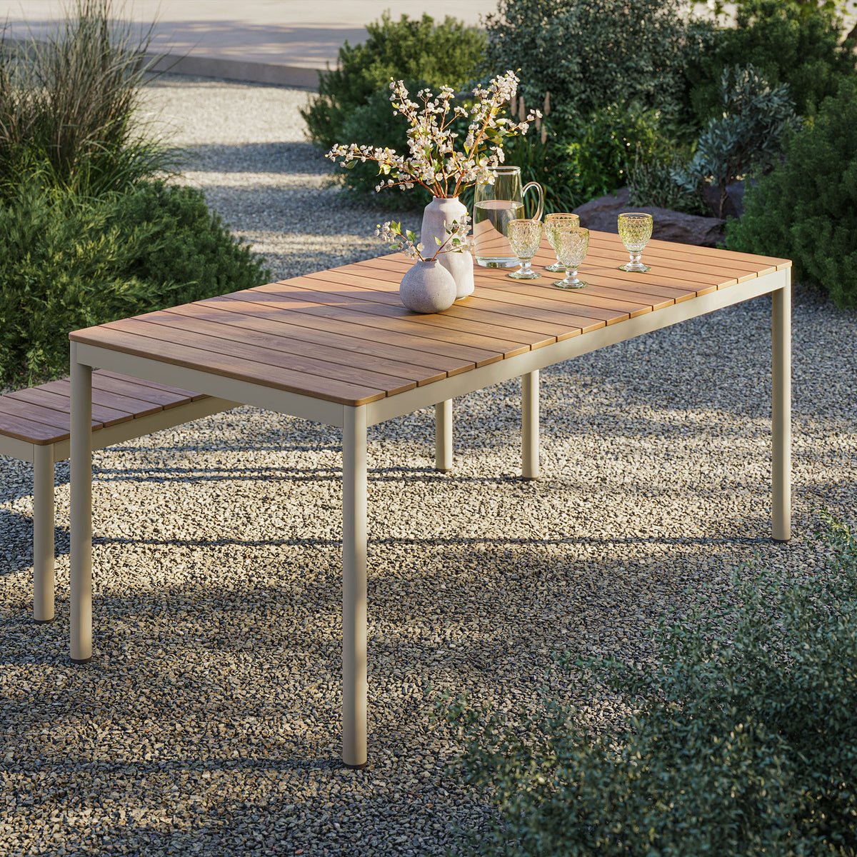 Finn 71" Outdoor Patio Aluminum Dining Table with Faux Wood Top - Natural
