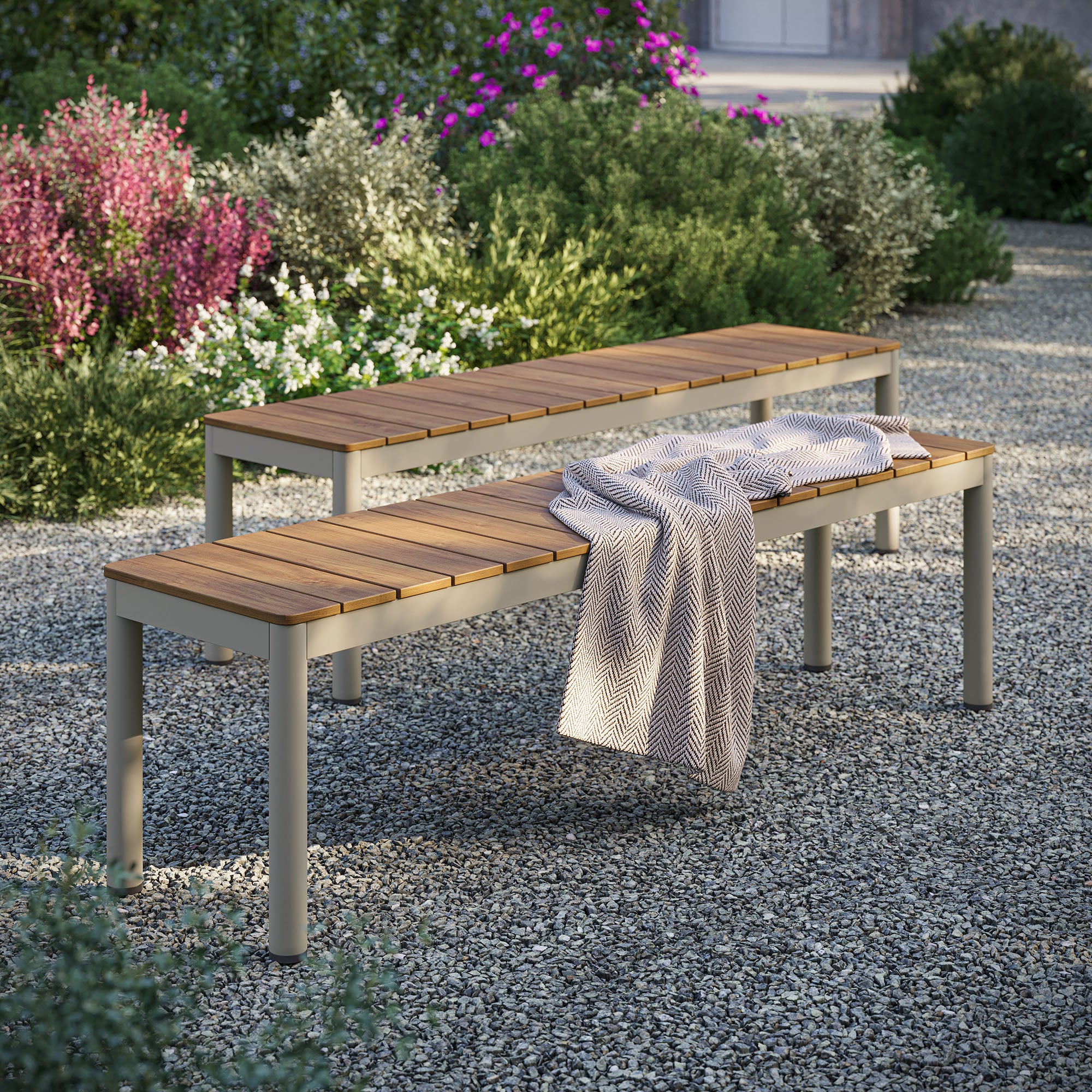 Finn Outdoor Patio Aluminum Bench with Faux Wood Top Set of 2 - Natural