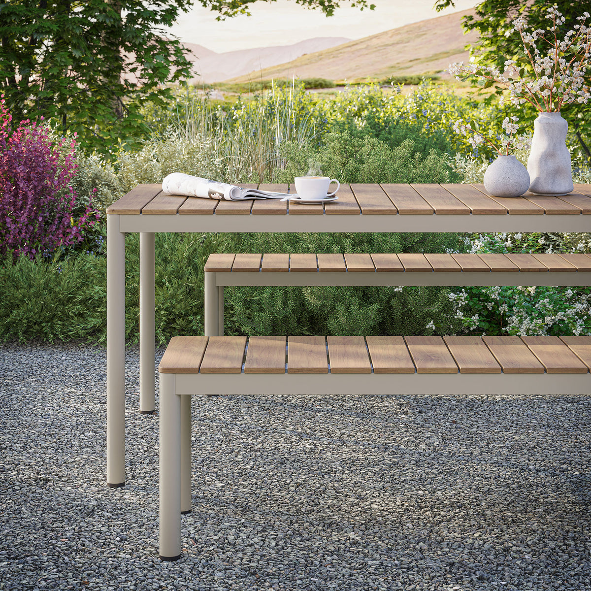 Finn Outdoor Patio Aluminum Faux Wood Dining Set with Benches - Natural