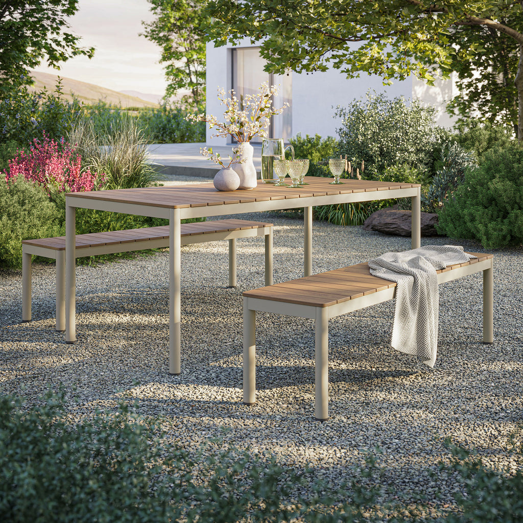Finn Outdoor Patio Aluminum Faux Wood Dining Set with Benches - Natural