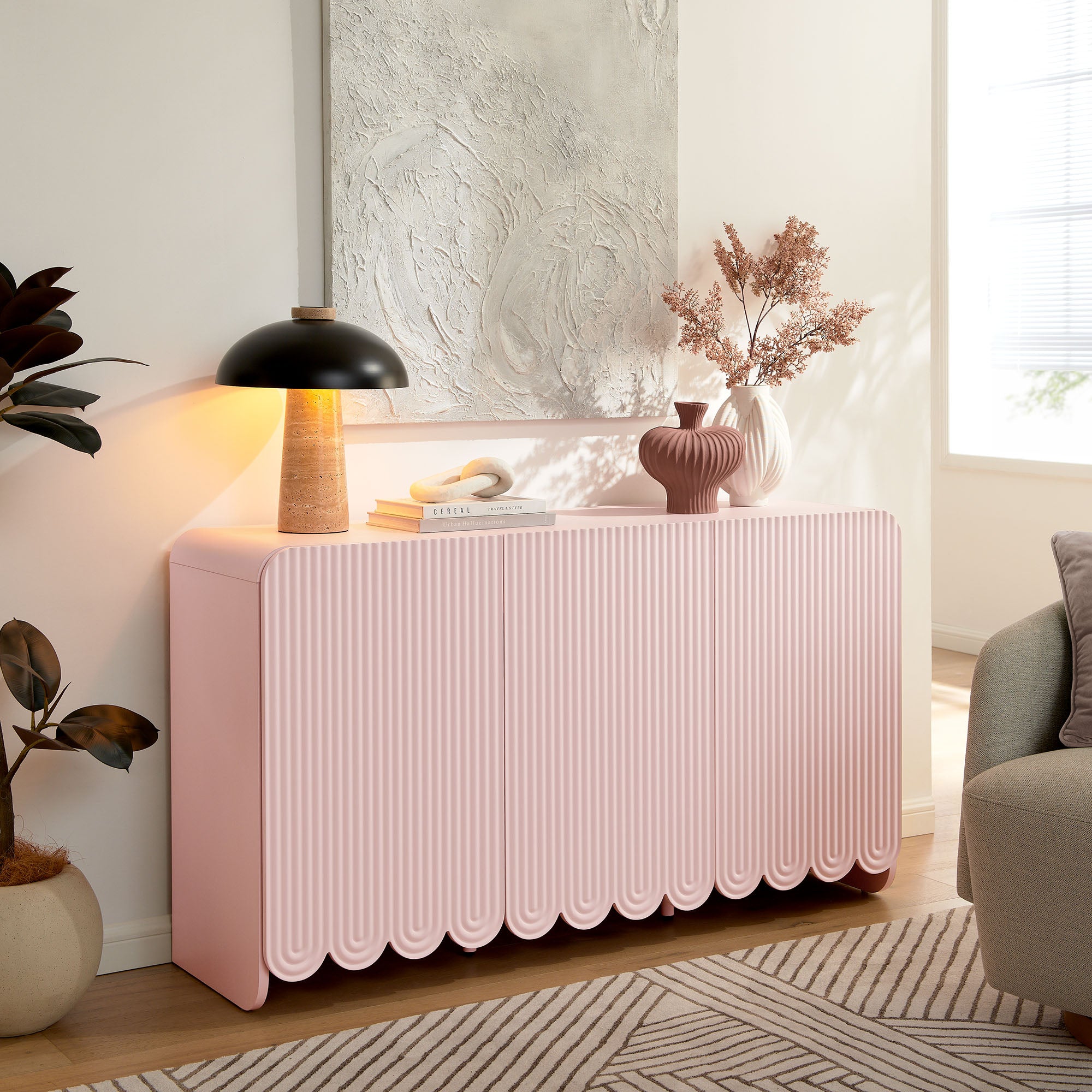 Dahlia Fluted and Scalloped Sideboard Storage Cabinet - Soft Pink
