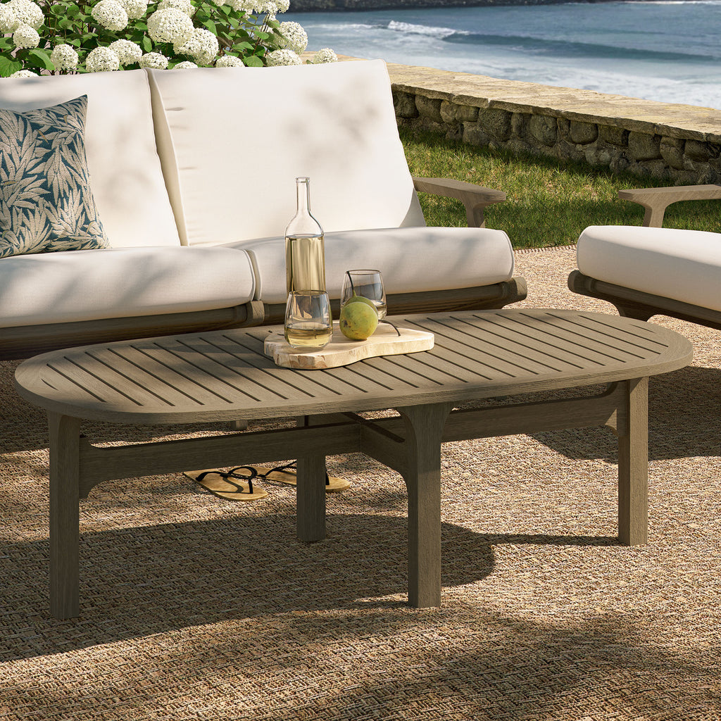 Saratoga Oval Outdoor Patio Teak Wood Coffee Table - Weathered Gray