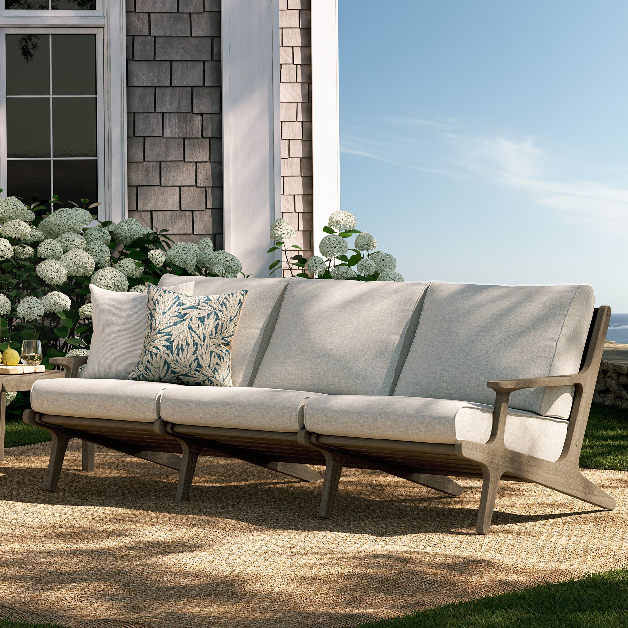 Saratoga Outdoor Patio Teak Sofa - Weathered Gray Pebble