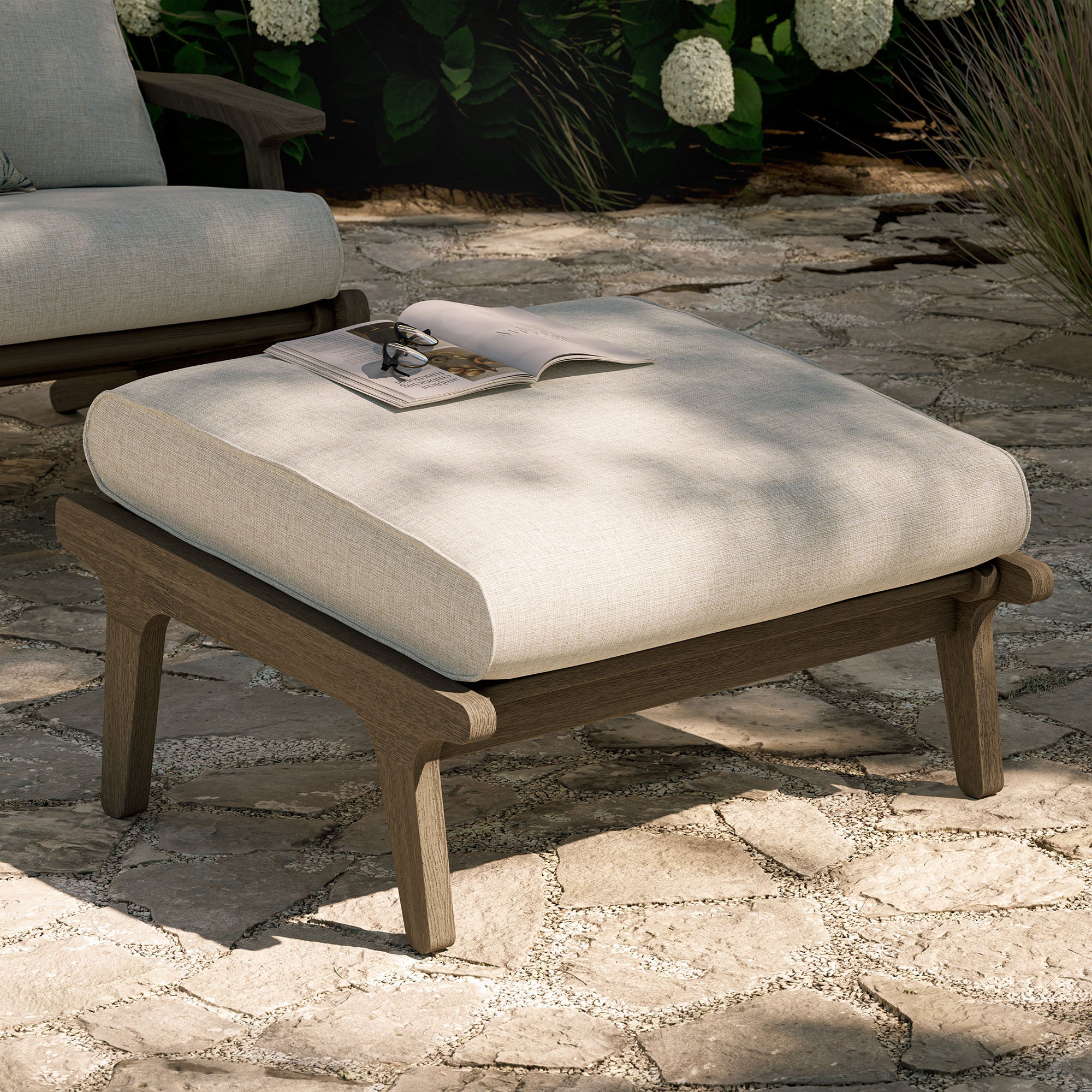 Saratoga Outdoor Patio Teak Ottoman - Weathered Gray Pebble