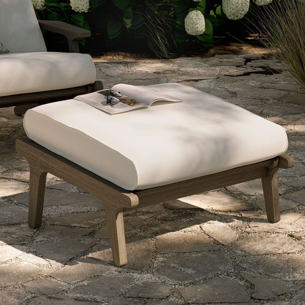 Saratoga Outdoor Patio Teak Ottoman - Weathered Gray White