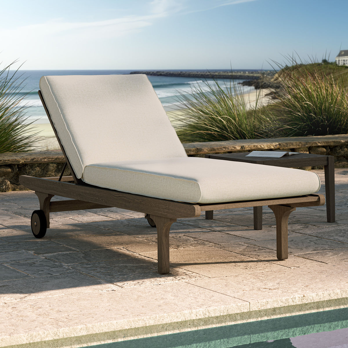 Saratoga Outdoor Patio Teak Chaise Lounge Chair - Weathered Gray Pebble