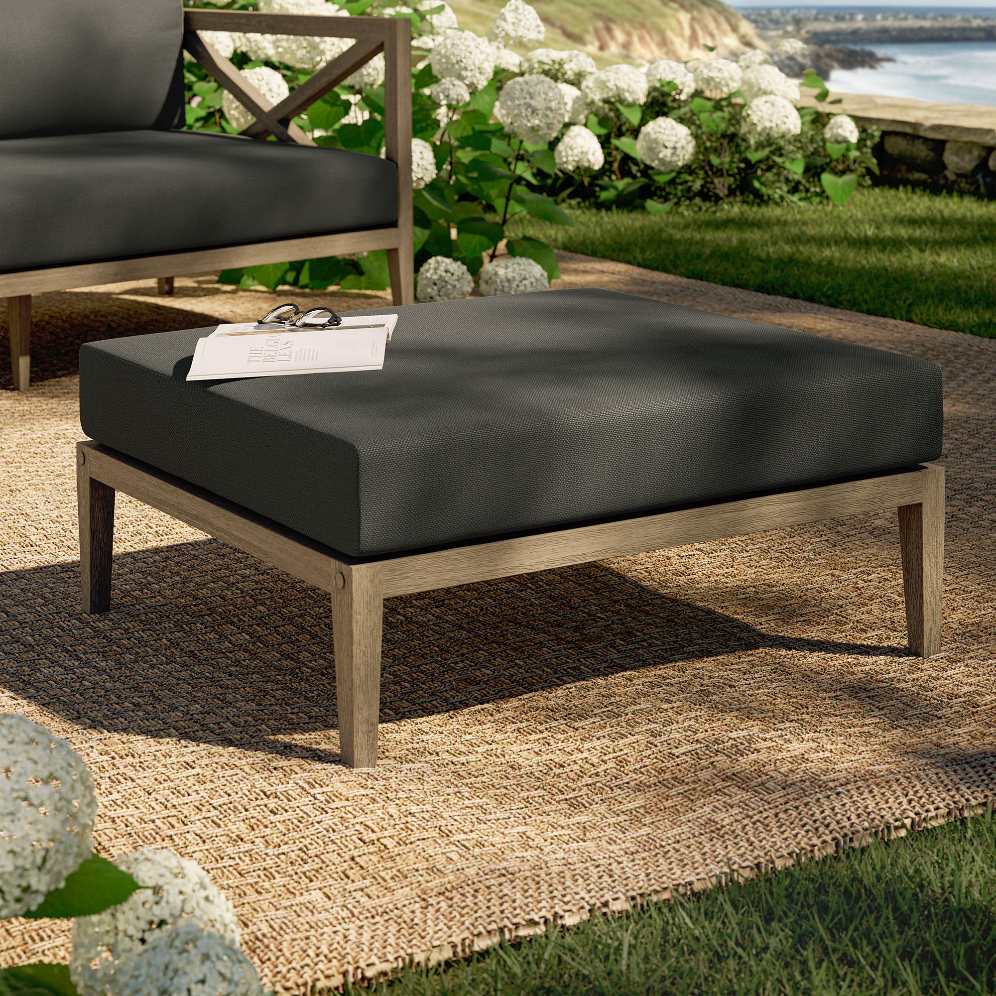 Northlake Outdoor Patio Teak Ottoman - Weathered Gray Flint