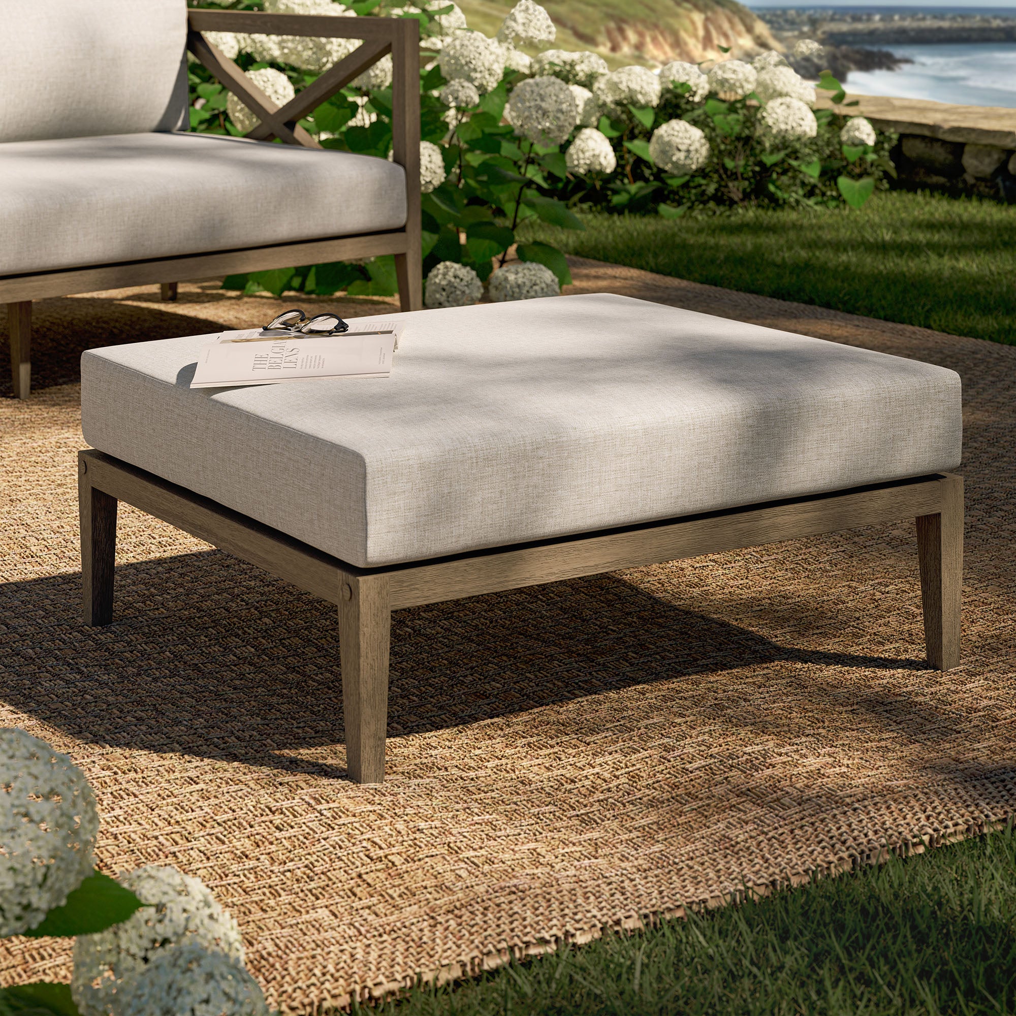 Northlake Outdoor Patio Teak Ottoman - Weathered Gray Pebble