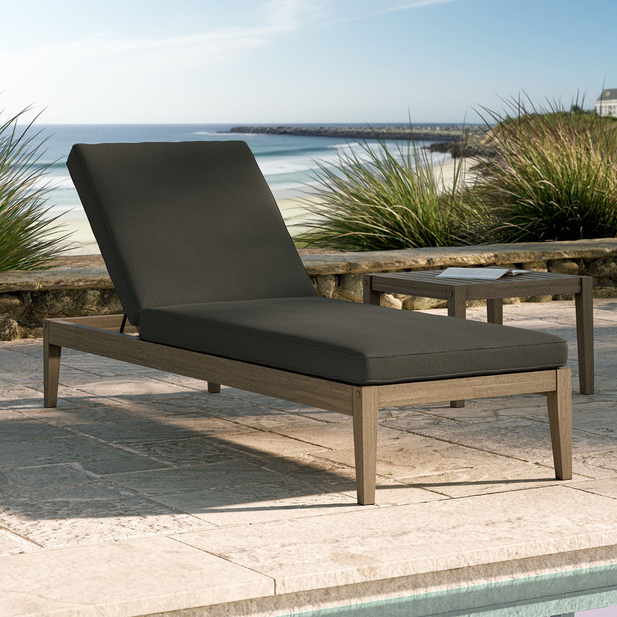 Northlake Outdoor Patio Teak Chaise Lounge - Weathered Gray Flint