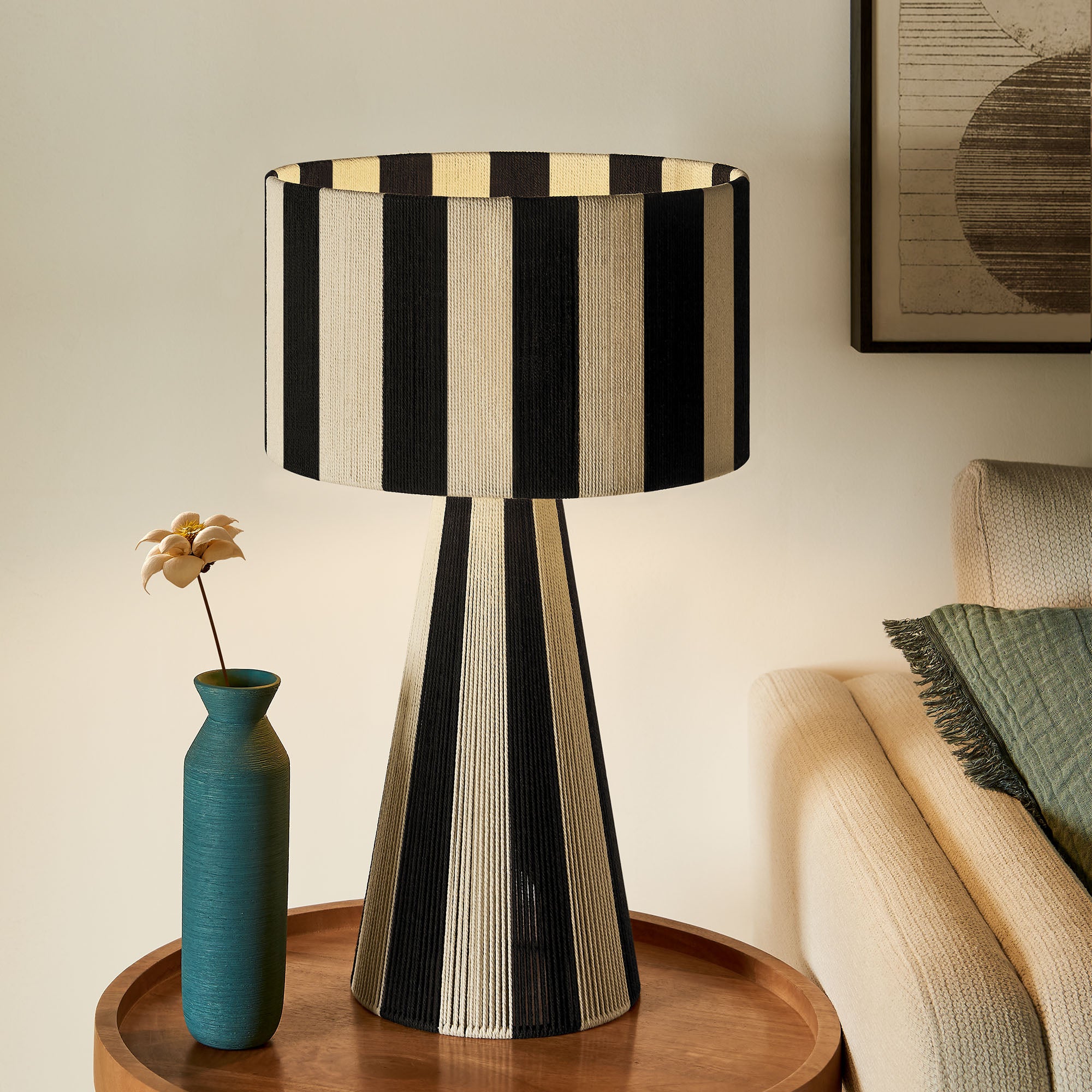 Renae Handwoven Cotton Thread Striped Table Lamp - Black