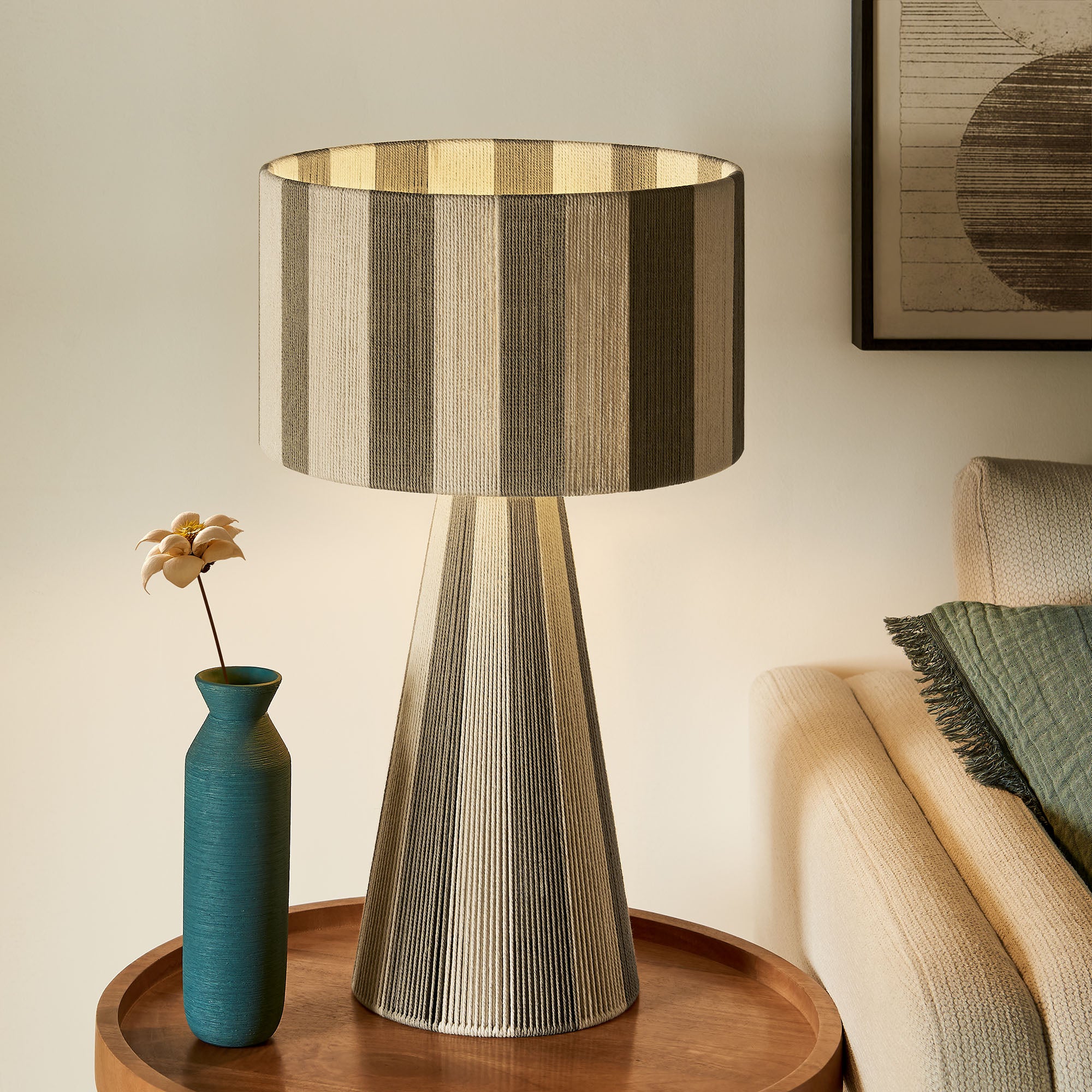 Renae Handwoven Cotton Thread Striped Table Lamp - Cobblestone
