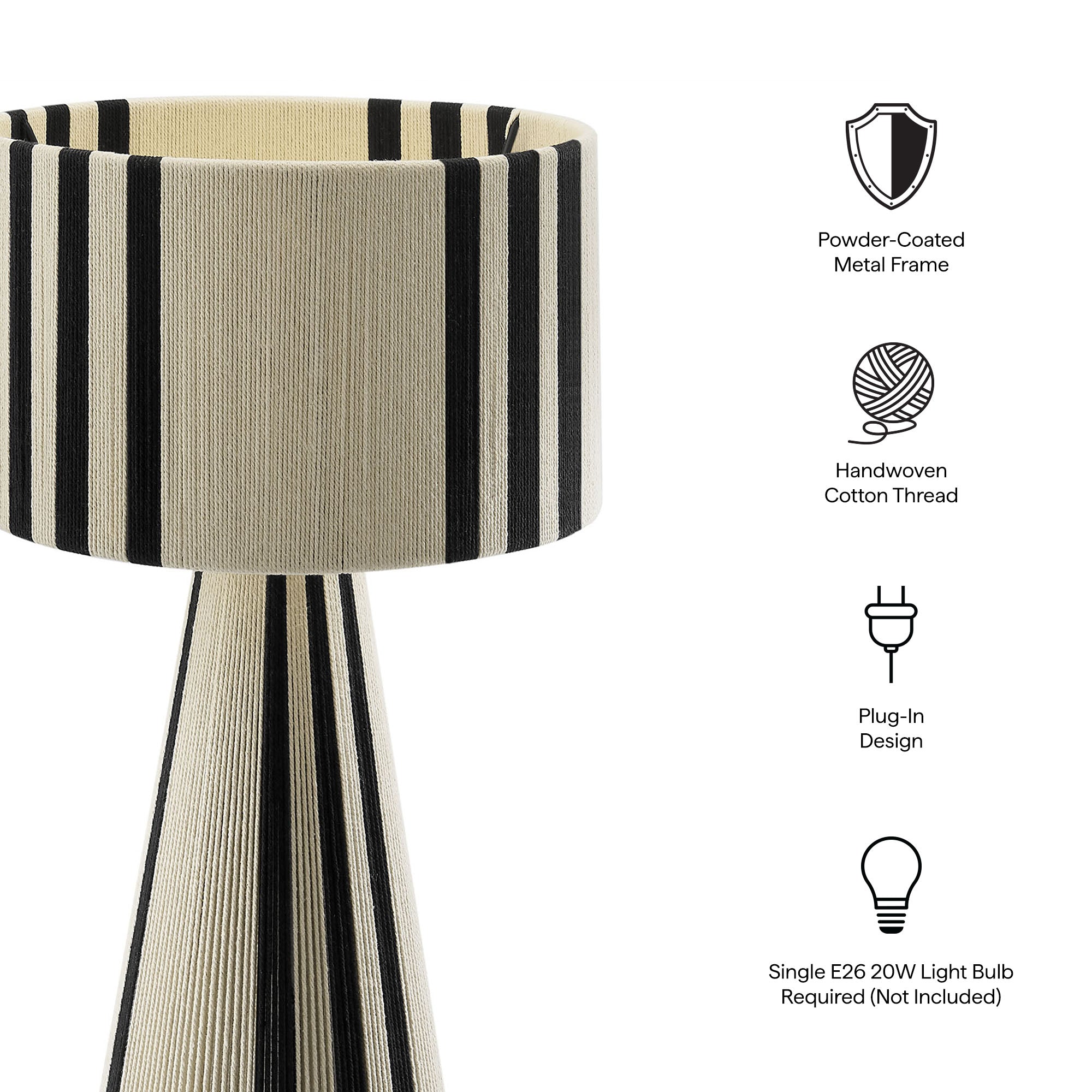 Gia Handwoven Cotton Thread Striped or Plain Table Lamp - Black