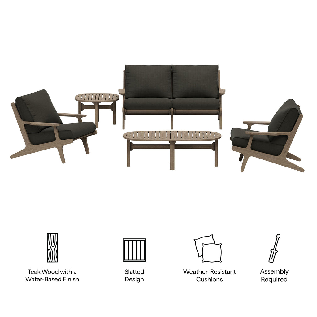 Saratoga 5-Piece Outdoor Patio Teak Wood Furniture Set - Weathered Gray Flint