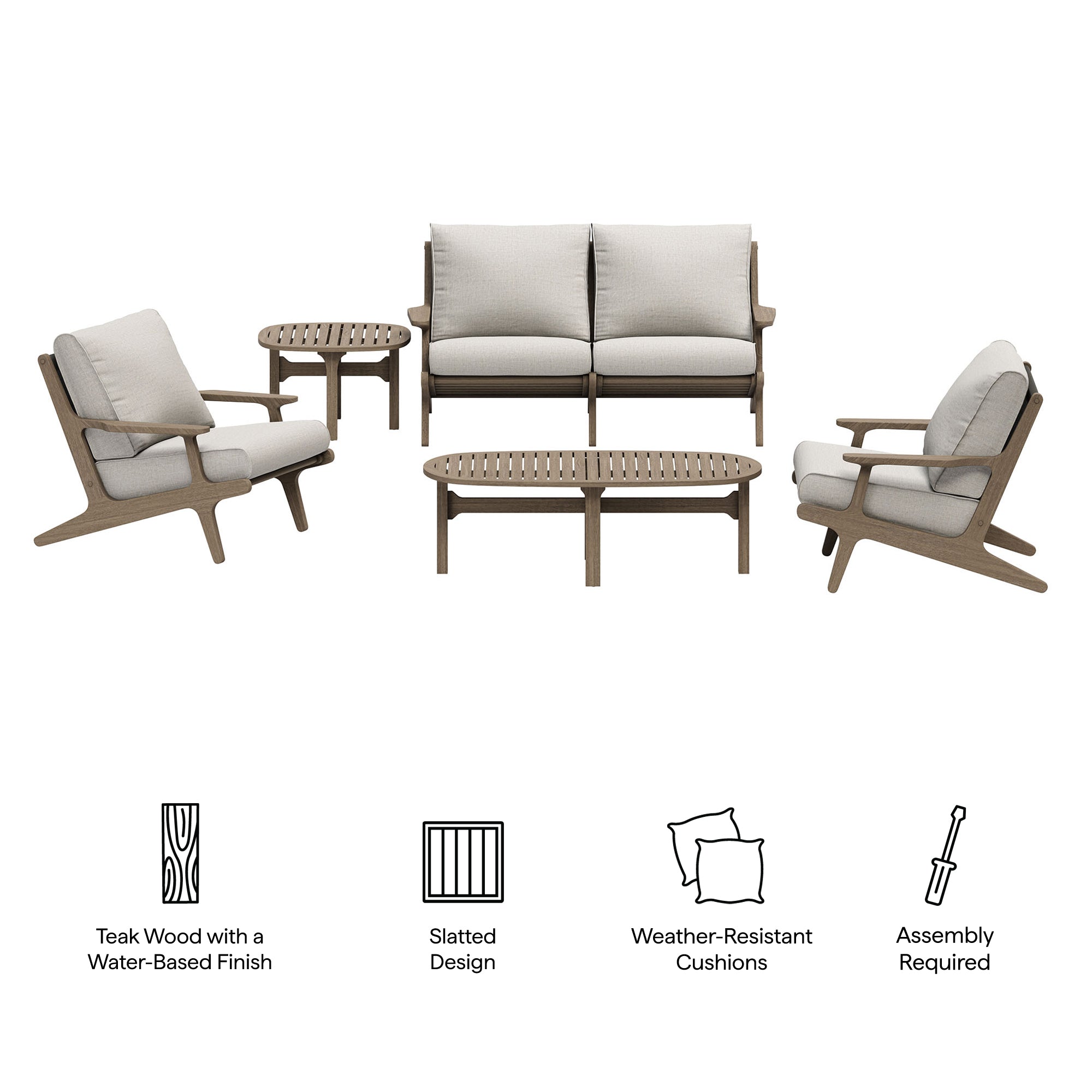 Saratoga 5-Piece Outdoor Patio Teak Wood Furniture Set - Weathered Gray Pebble