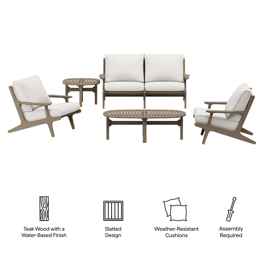 Saratoga 5-Piece Outdoor Patio Teak Wood Furniture Set - Weathered Gray White