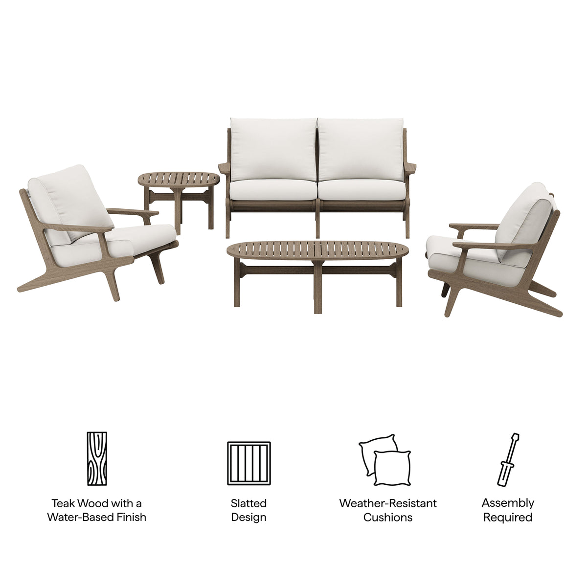 Saratoga 5-Piece Outdoor Patio Teak Wood Furniture Set - Weathered Gray White