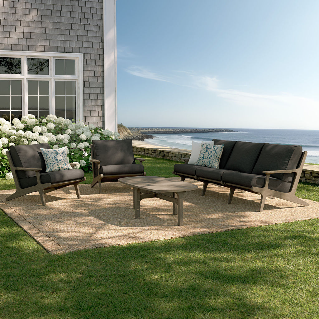 Saratoga 4-Piece Outdoor Patio Teak Wood Furniture Set - Weathered Gray Flint (Sofa, 2 Armchairs, Coffee Table)