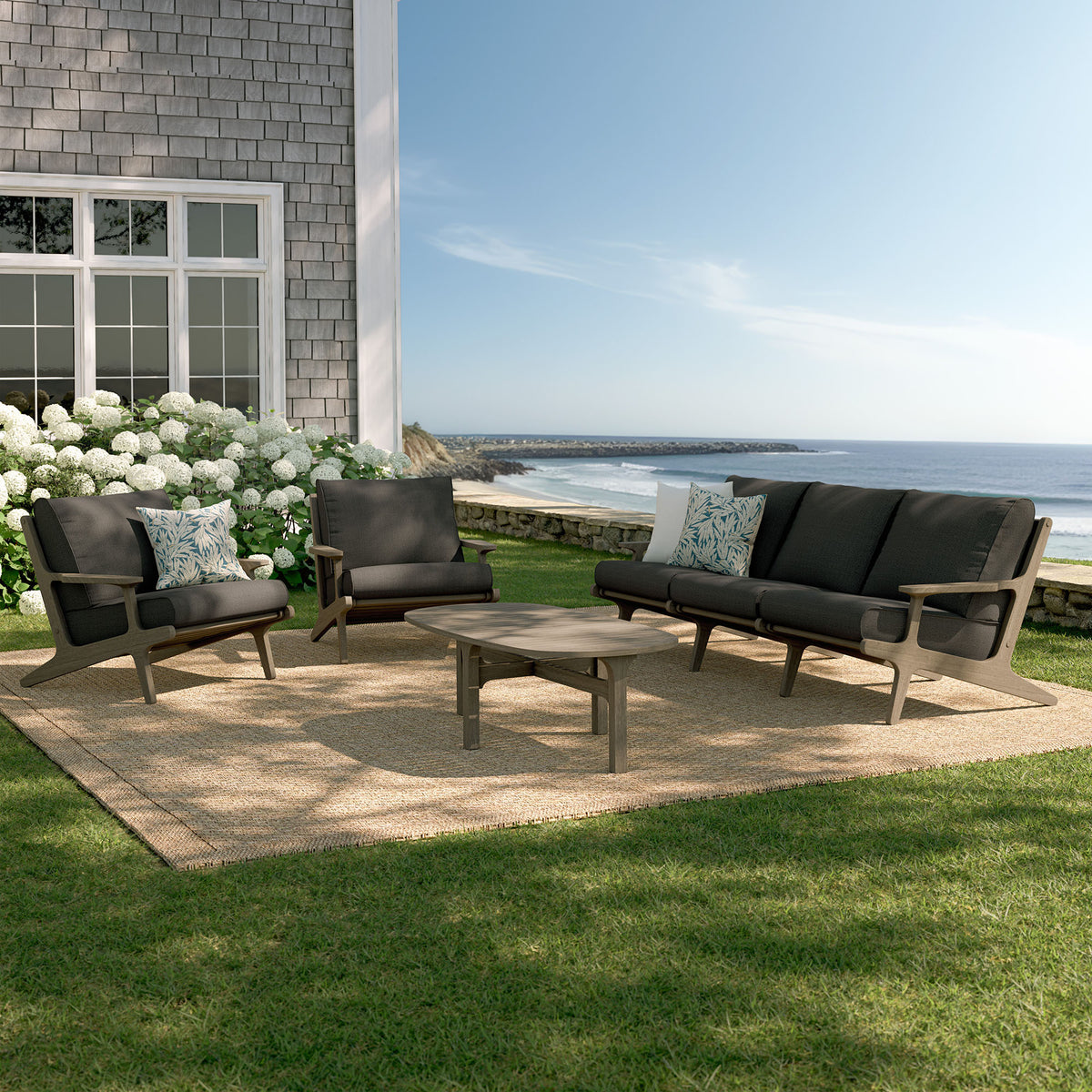 Saratoga 4-Piece Outdoor Patio Teak Wood Furniture Set - Weathered Gray Flint (Sofa, 2 Armchairs, Coffee Table)