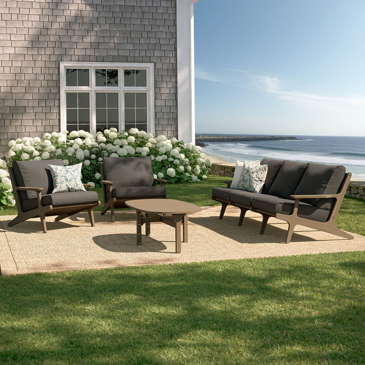 Saratoga 4-Piece Outdoor Patio Teak Wood Furniture Set - Weathered Gray Flint (Sofa, 2 Armchairs, Coffee Table)
