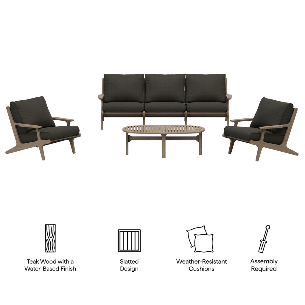 Saratoga 4-Piece Outdoor Patio Teak Wood Furniture Set - Weathered Gray Flint (Sofa, 2 Armchairs, Coffee Table)