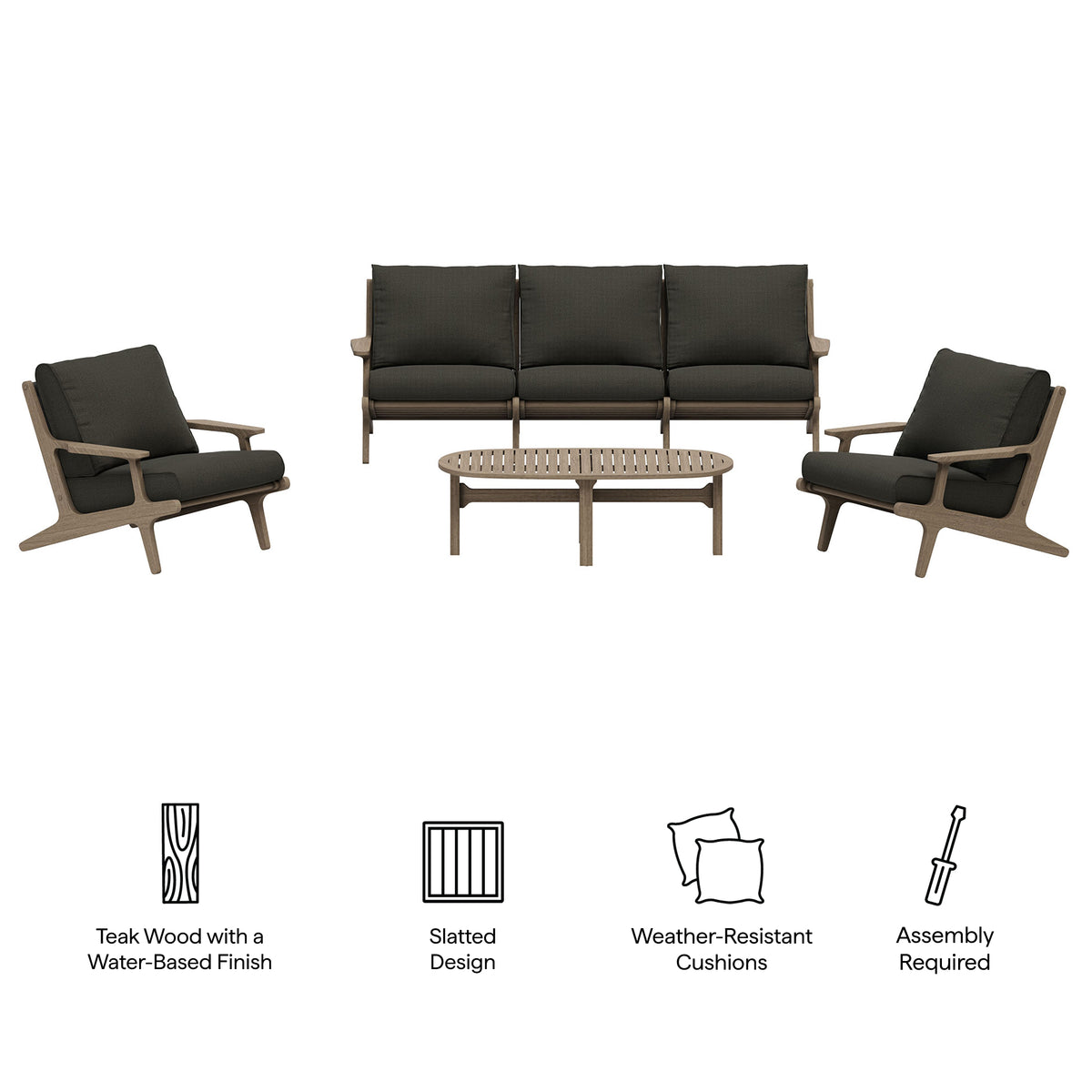 Saratoga 4-Piece Outdoor Patio Teak Wood Furniture Set - Weathered Gray Flint (Sofa, 2 Armchairs, Coffee Table)