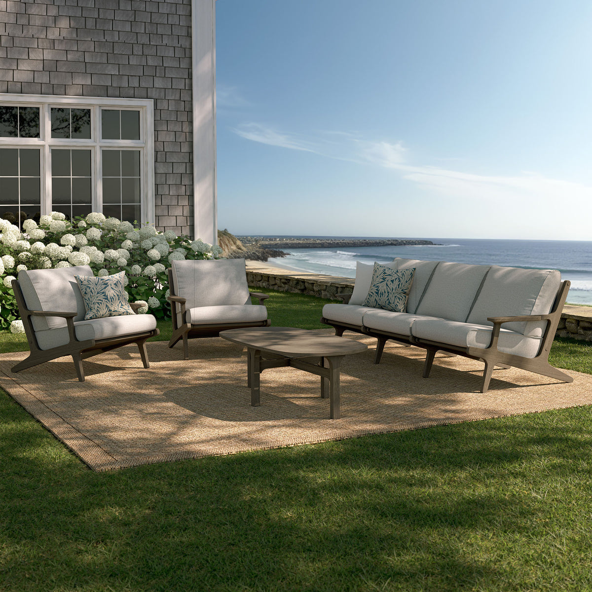 Saratoga 4-Piece Outdoor Patio Teak Wood Furniture Set - Weathered Gray Pebble (Sofa, 2 Armchairs, Coffee Table)
