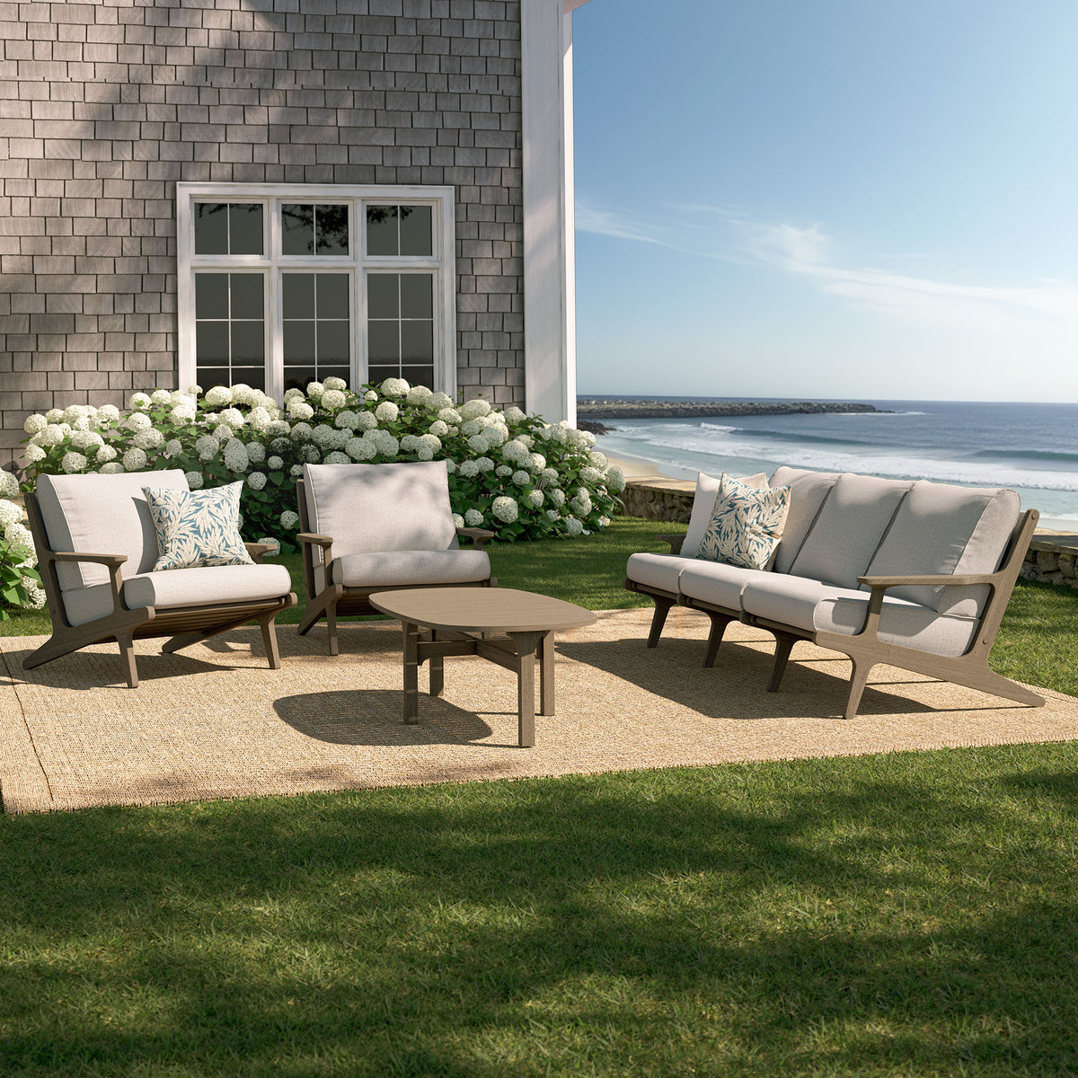 Saratoga 4-Piece Outdoor Patio Teak Wood Furniture Set - Weathered Gray Pebble (Sofa, 2 Armchairs, Coffee Table)